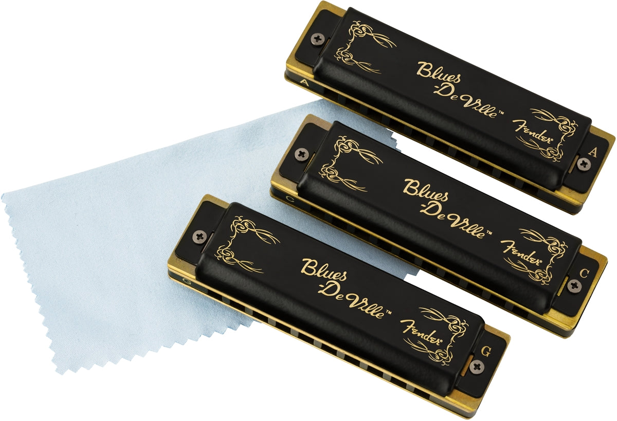 FENDER BLUES DEVILLE HARMONICA 3 PACK C, G & A WITH CASE