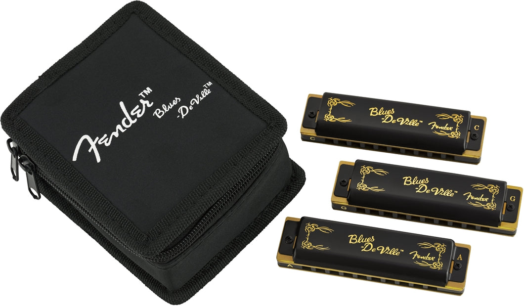 FENDER BLUES DEVILLE HARMONICA 3 PACK C, G & A WITH CASE