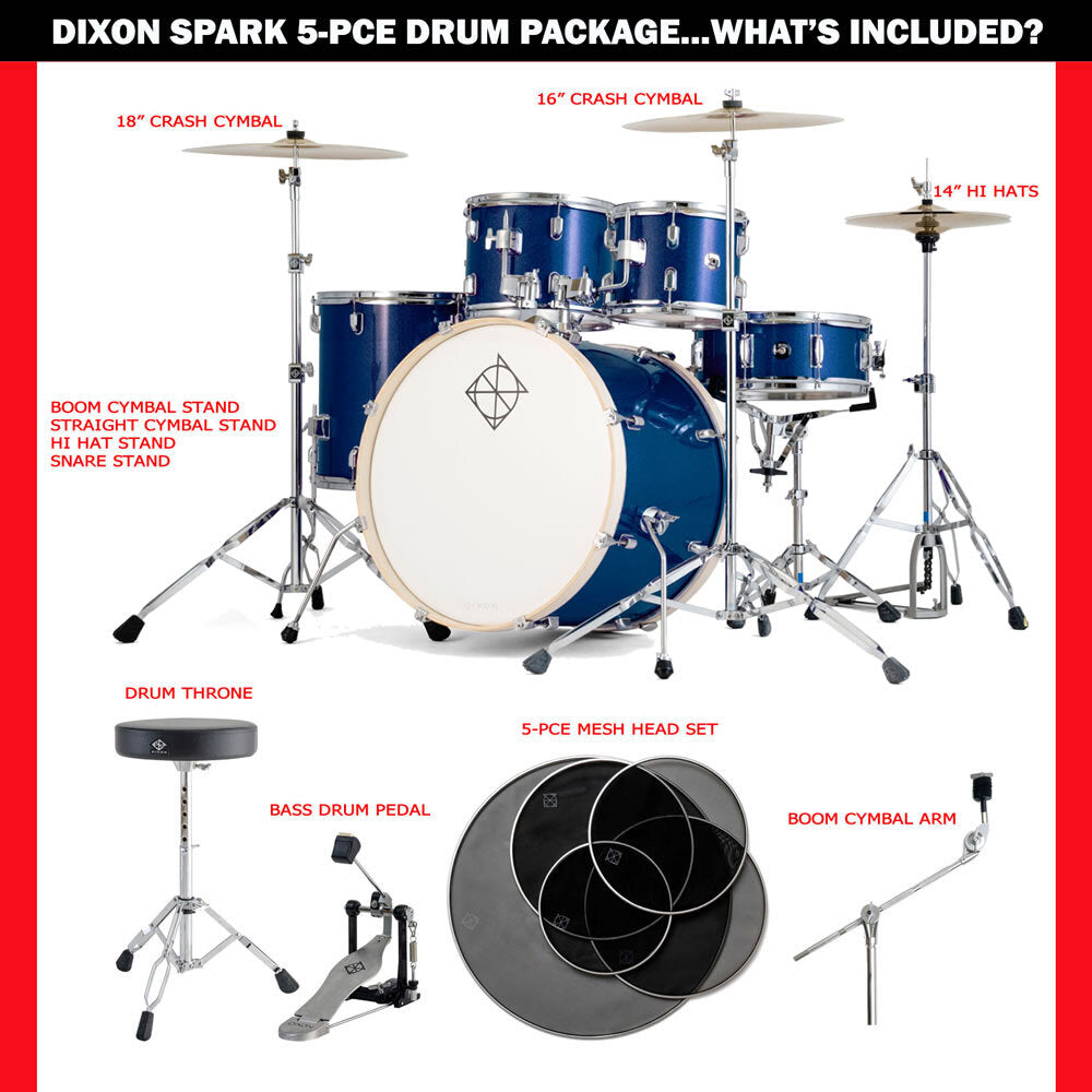 Dixon Spark Standard Series 5-Pce Drum Kit with Cymbals in Deep Blue