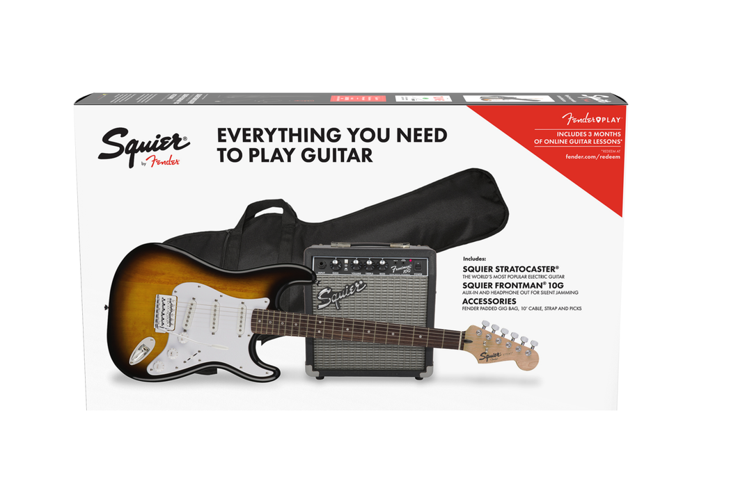 Squier 0371823332 Strat Pack, Laurel Fingerboard, Brown Sunburst, Gig Bag,